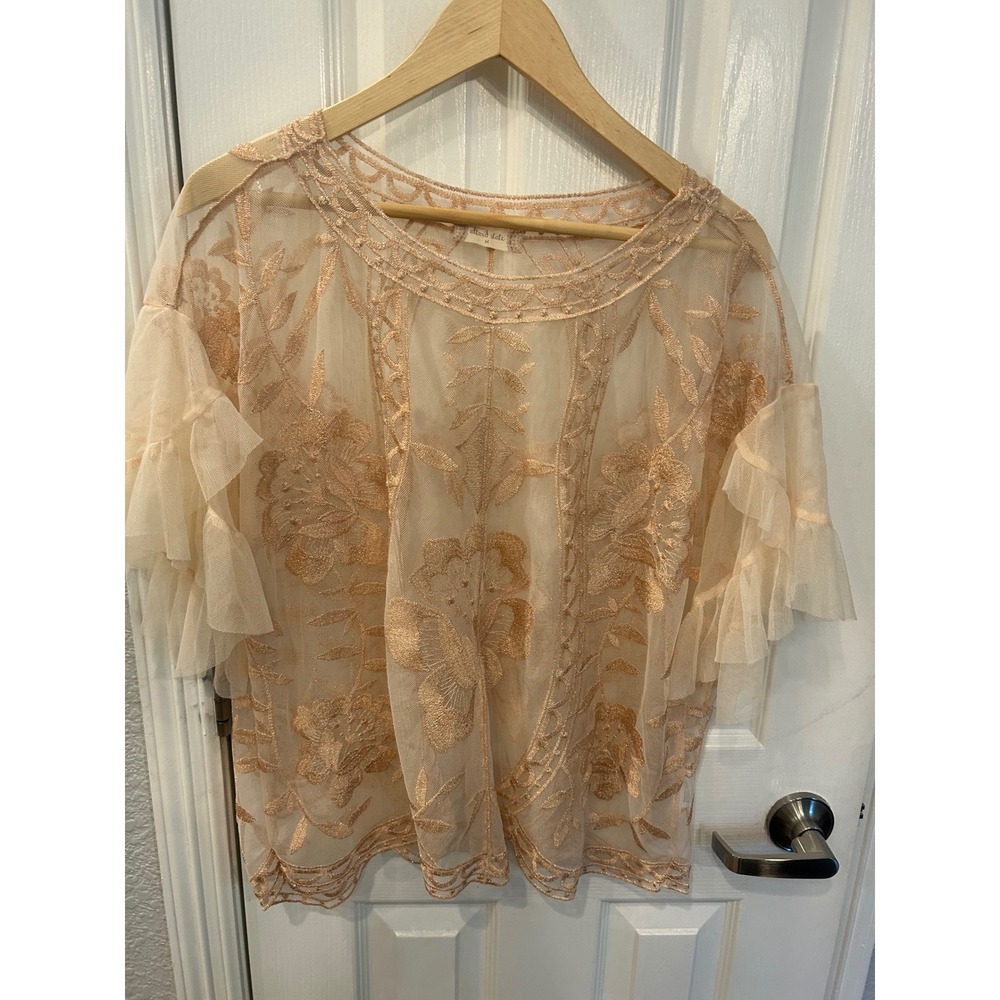 Altar'd State Mesh Top Champagne Rose Gold Floral Embroidery Ruffle Sleeve Boho